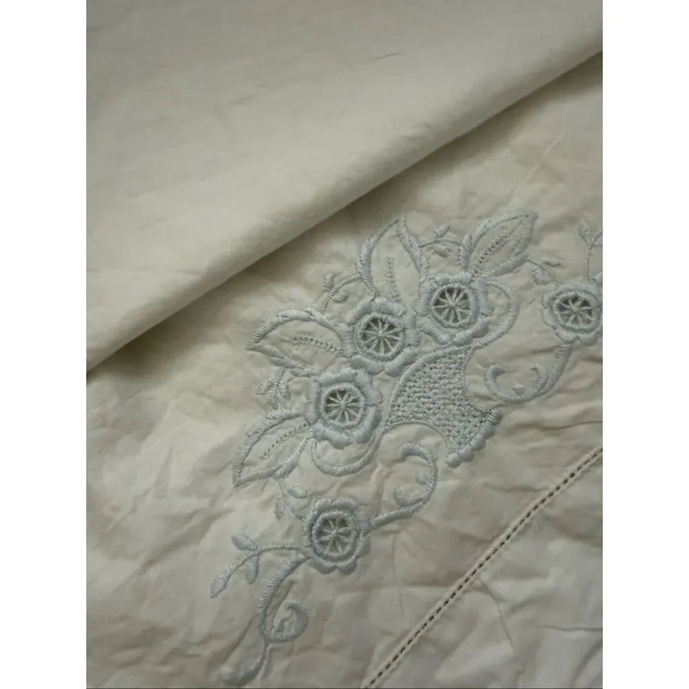 3 Vintage Queen Size Pillowcases Blue Embroidered Hemstitch